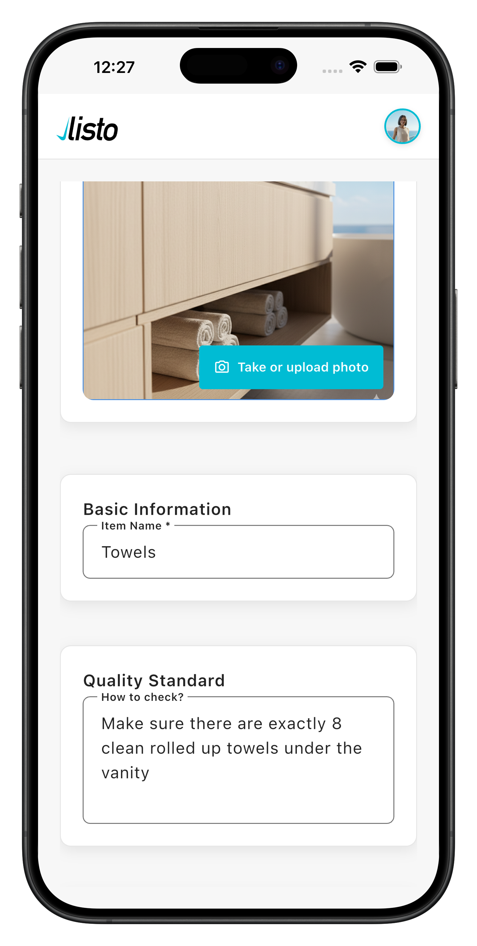 Host setting quality standards with reference photo for towels