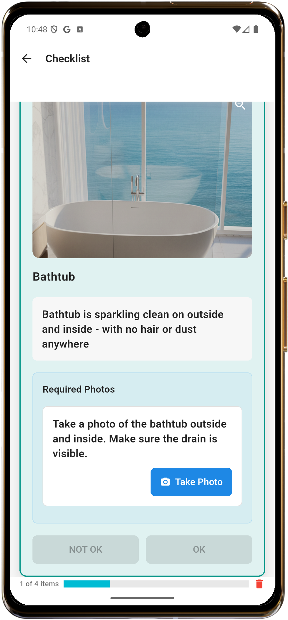 Team member viewing checklist item with host's reference photo showing quality standard
