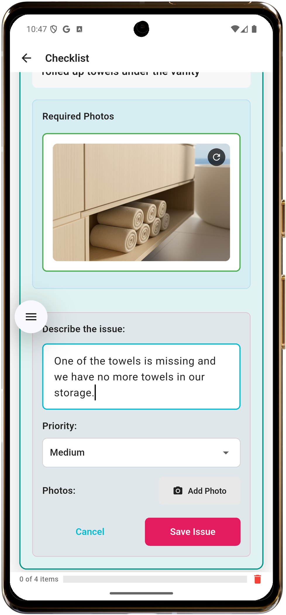 Team member taking photo and reporting issue during inspection