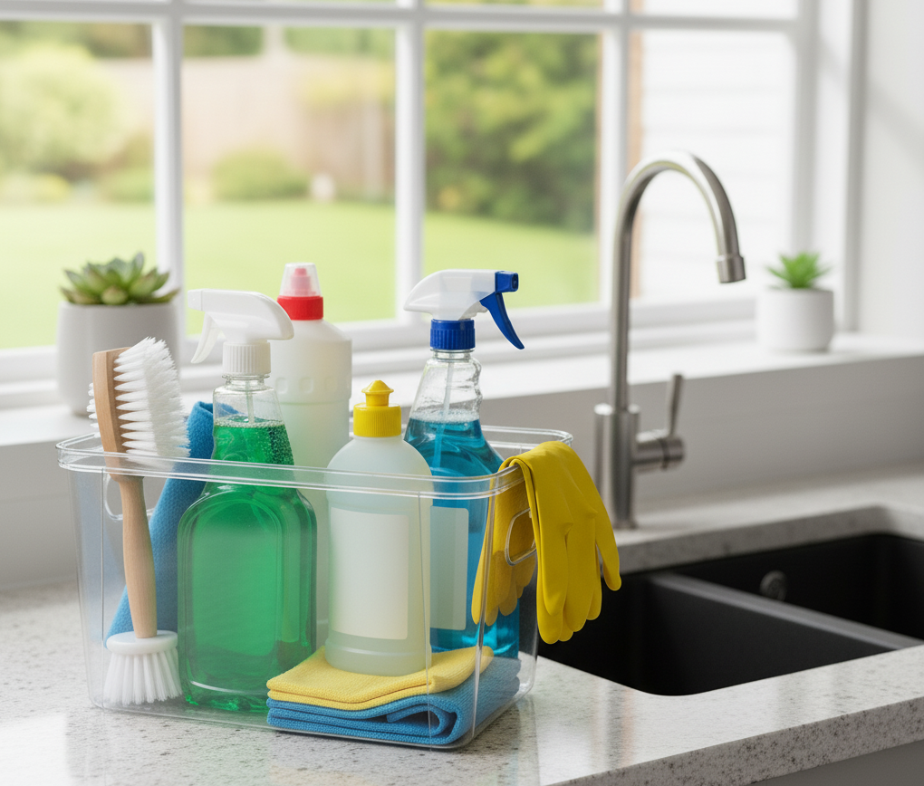 Cleaning checklist and supplies organized professionally
