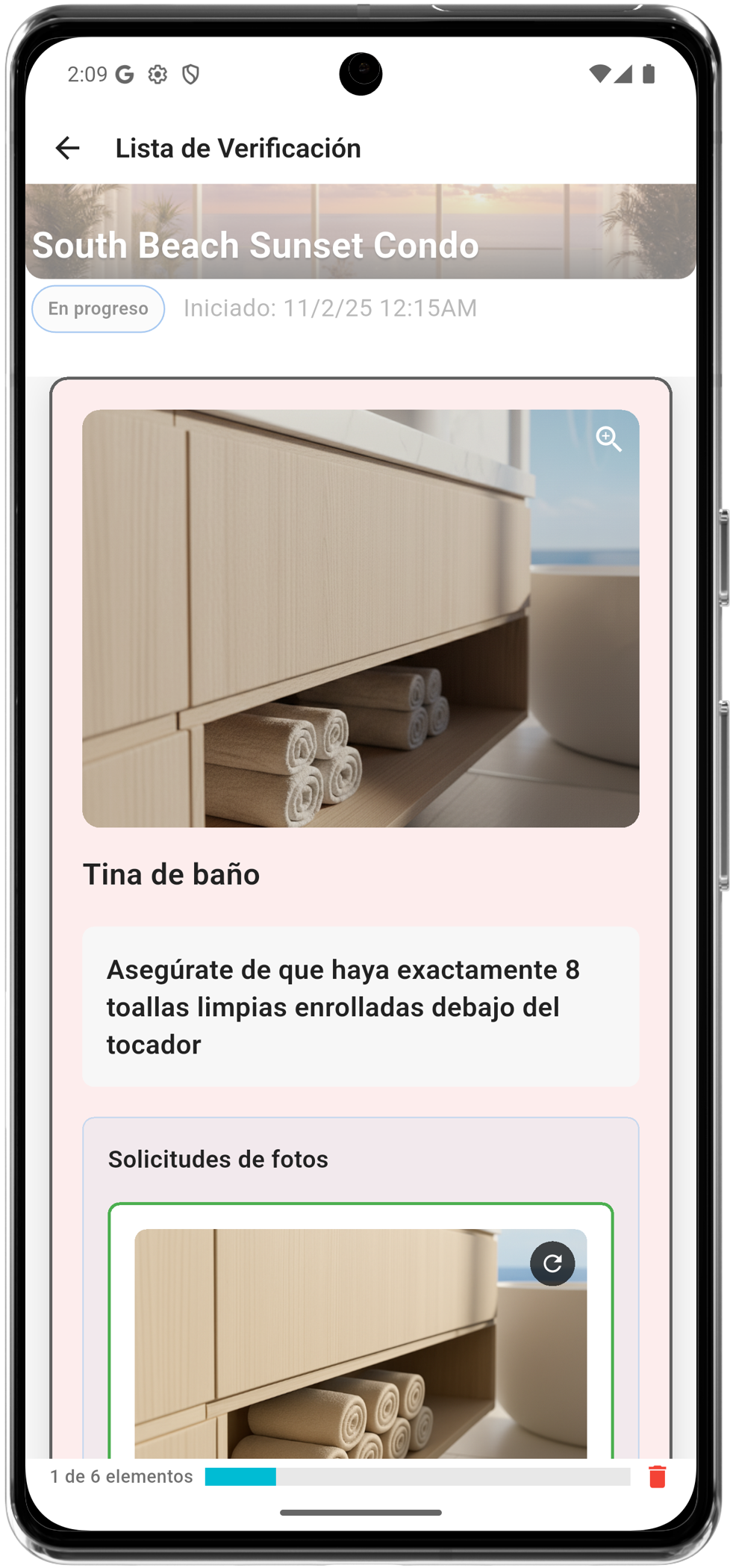 listo app in Spanish showing inspection checklist
